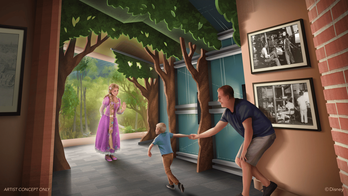 Rapunzel greets guests in the Layout stage of Off the Page!