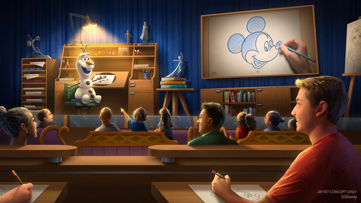 An Audio-Animatronics Olaf hosts the Olaf Draws! animation-class experience