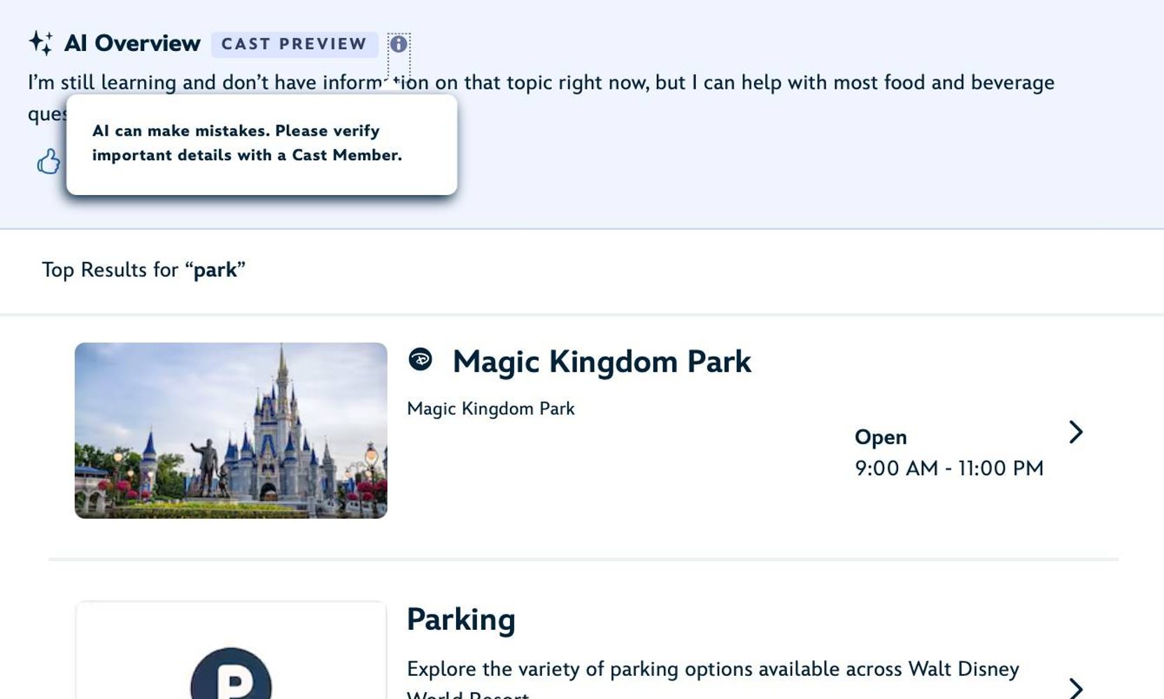 Disney World's AI search is now live for Cast Members, and a screenshot shows a warning that it can make mistakes