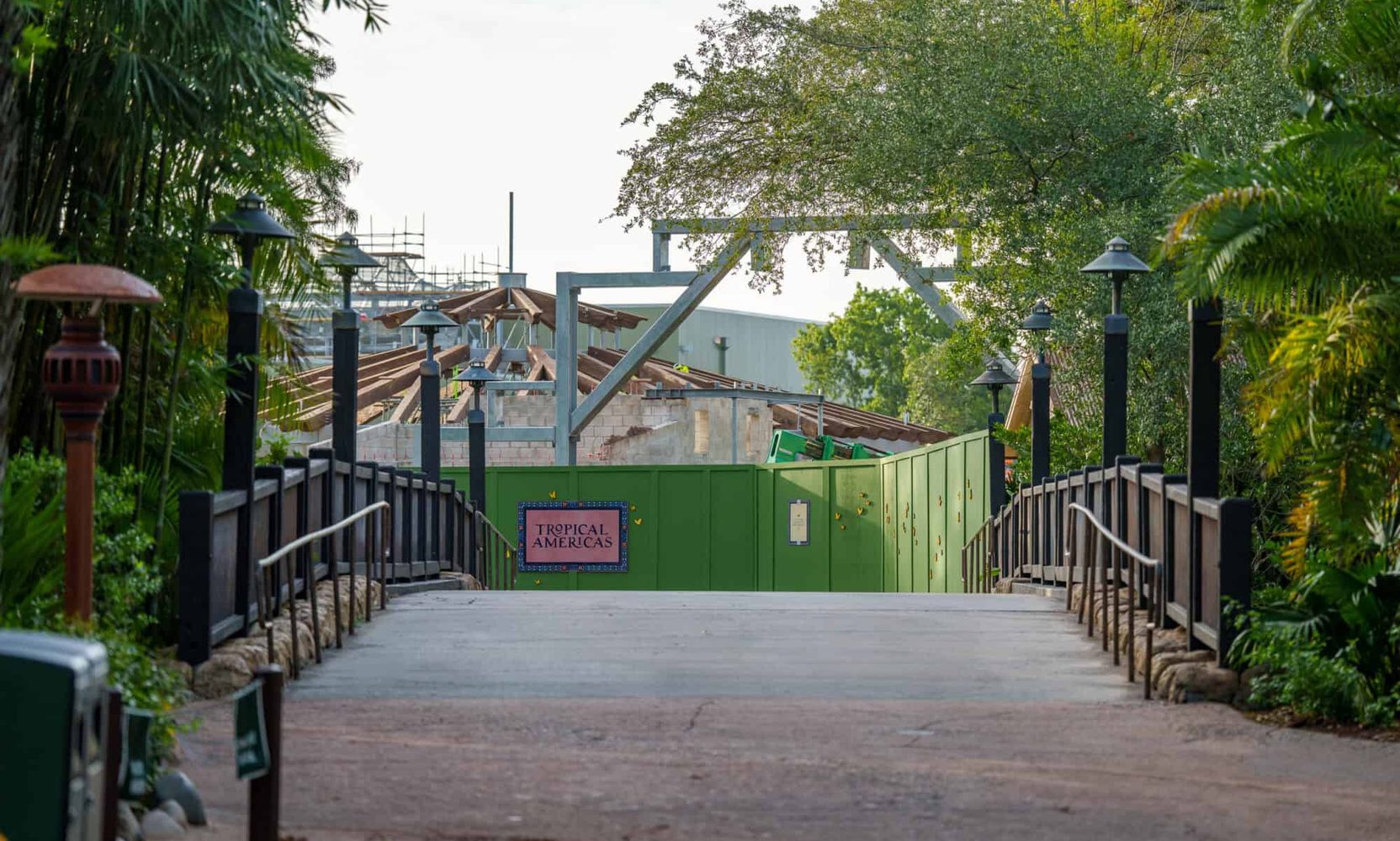 A Crane Was Still Lifting a Beam Into the Tropical Americas Entrance Arch on Monday Morning, and New Steel Went Up at the Encanto Casita Site