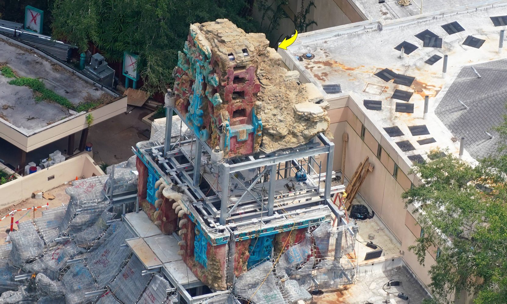 The First Painted Maya Temple Sections Are Up on the Indiana Jones Ride Building at Animal Kingdom, and the Middle Is Still Bare Steel
