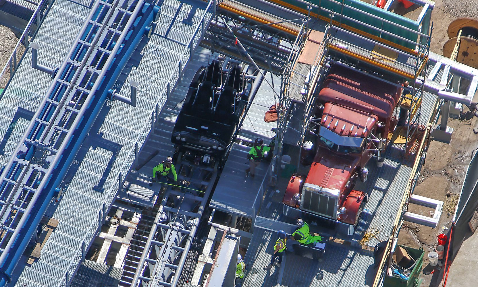 A Dodge Charger Ride Vehicle Is Being Pulled Along Part of Hollywood Drift's Track by Rope at Universal Studios Florida