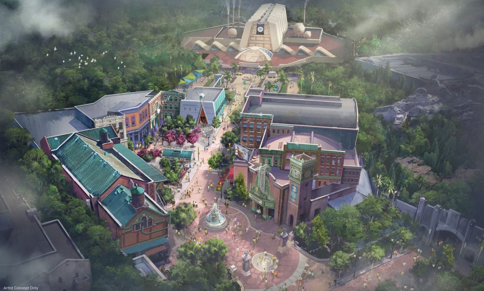 Roof Decking Is Going On the Monsters, Inc. Coaster Building, and Two Tall Concrete Shafts Rise Through the Steel