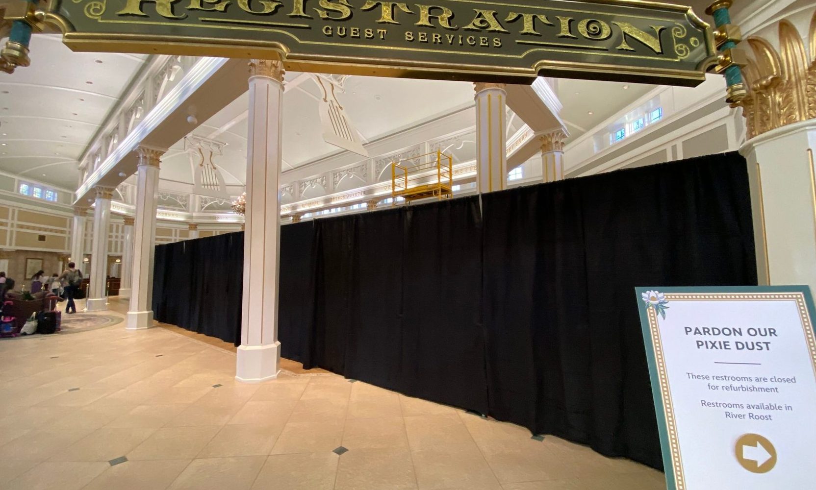 Port Orleans Riverside's Lobby Is Partly Behind Black Curtains, With Its Restrooms Closed and Mailbox Moved
