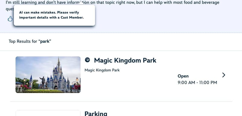 Disney World's AI search is now live for Cast Members, and a screenshot shows a warning that it can make mistakes