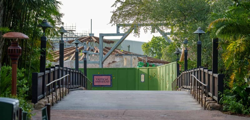 A Crane Was Still Lifting a Beam Into the Tropical Americas Entrance Arch on Monday Morning, and New Steel Went Up at the Encanto Casita Site