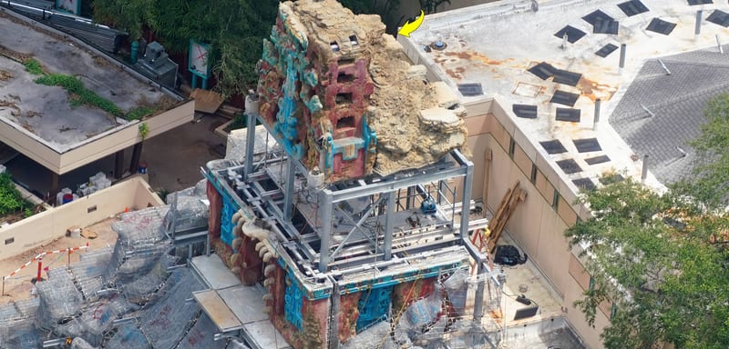 The First Painted Maya Temple Sections Are Up on the Indiana Jones Ride Building at Animal Kingdom, and the Middle Is Still Bare Steel