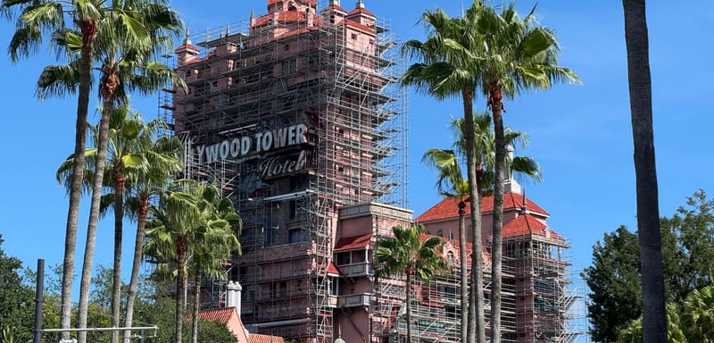 Scaffolding Now Covers the Whole Front of Tower of Terror at Hollywood Studios, but the Ride Stays Open With Gaps Left for Its Windows