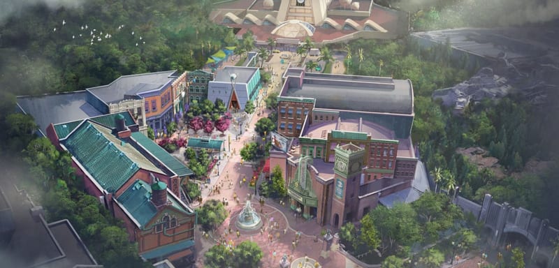 Roof Decking Is Going On the Monsters, Inc. Coaster Building, and Two Tall Concrete Shafts Rise Through the Steel