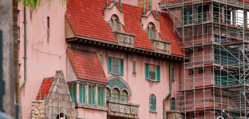 More of Tower of Terror's Repainted Facade Is Uncovered, and the Cracks, Stains and Rust Are Still There, on Purpose