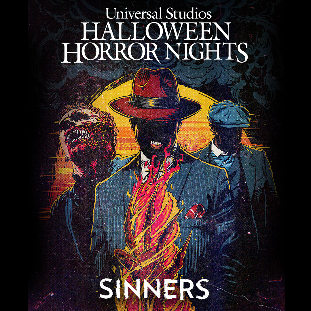 Halloween Horror Nights key art for Sinners showing three illustrated figures in period suits, a bare-headed fanged vampire on the left, a fedora-wearing figure in the center with flames erupting from its chest, and a figure in a flat cap on the right, against a yellow sun and dark patterned background, with a Universal Studios Halloween Horror Nights logo above