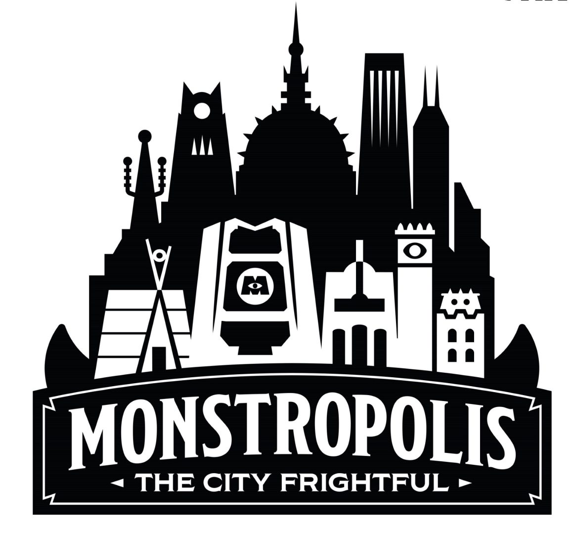 Black and white Monstropolis logo showing a monster city skyline above a banner reading MONSTROPOLIS, THE CITY FRIGHTFUL