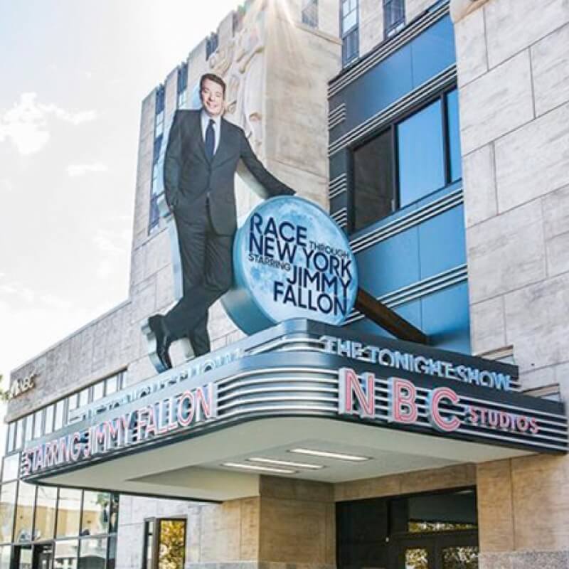 The NBC Studios facade and marquee for Race Through New York Starring Jimmy Fallon at Universal Studios Florida