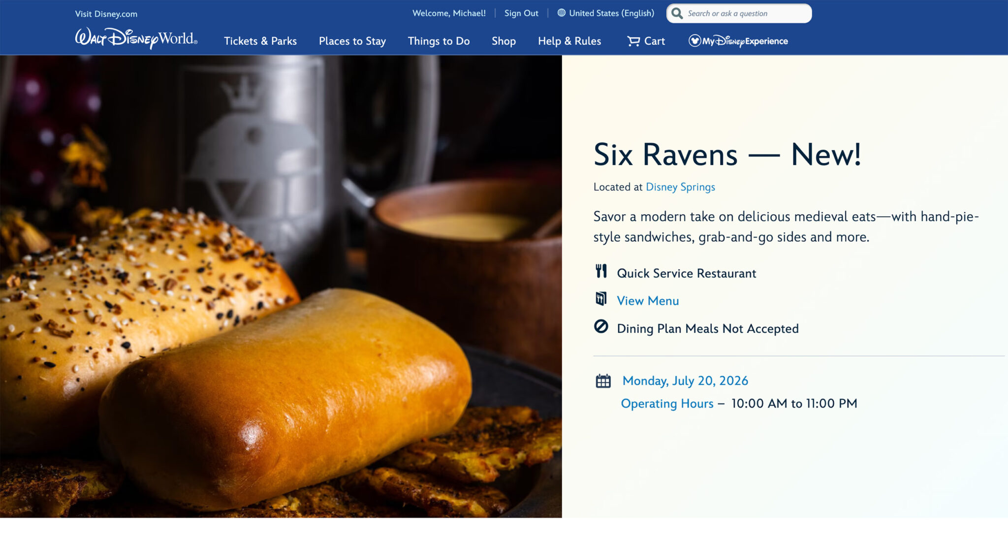 Screenshot of the Walt Disney World website listing Six Ravens with operating hours of 10:00 AM to 11:00 PM on Monday, July 20, 2026