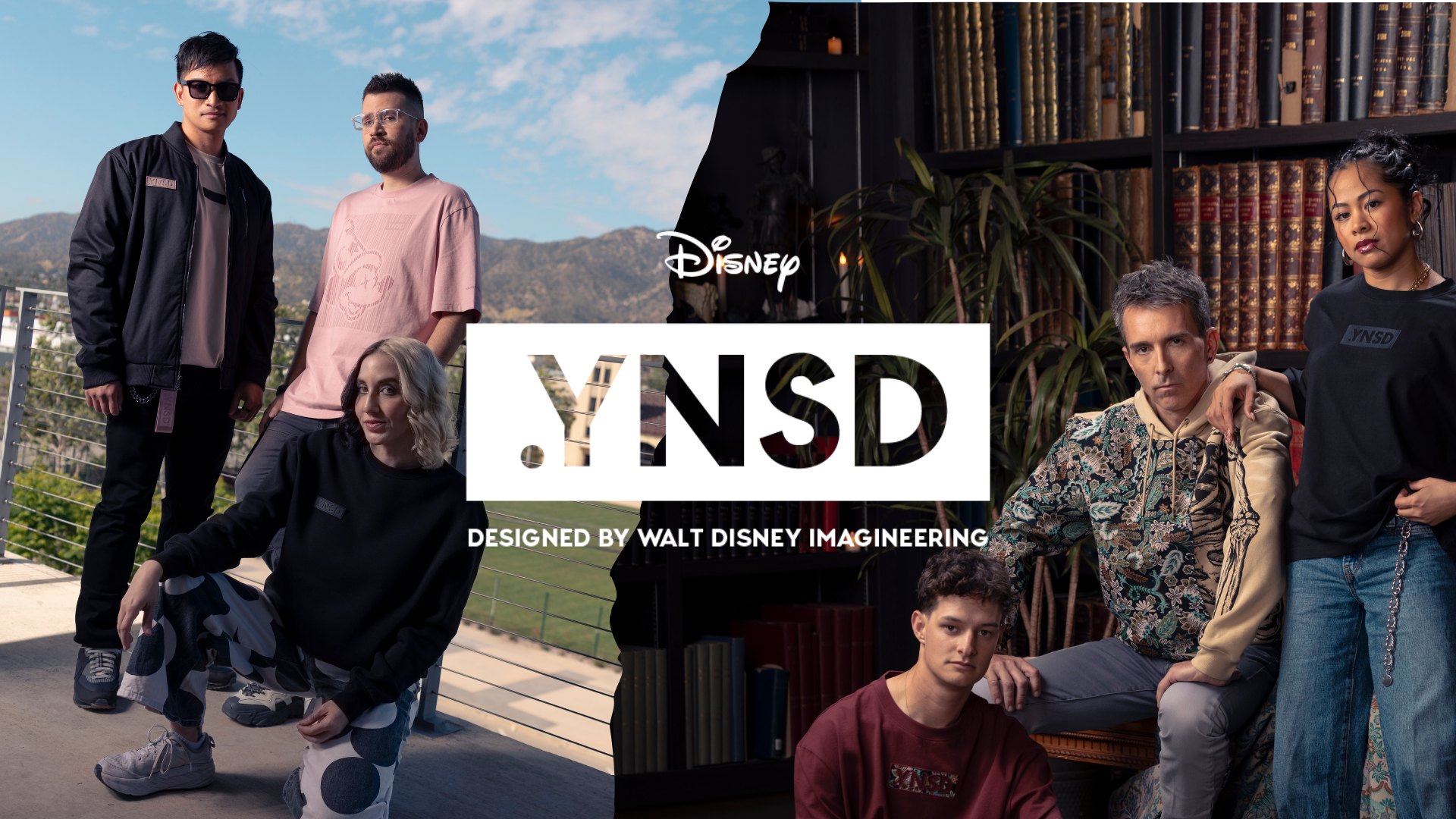 Split key art for Disney .YNSD showing models in the collection on a sunny rooftop on the left and in a dark, book-lined parlor on the right, with the .YNSD logo and the words Designed by Walt Disney Imagineering across the center.