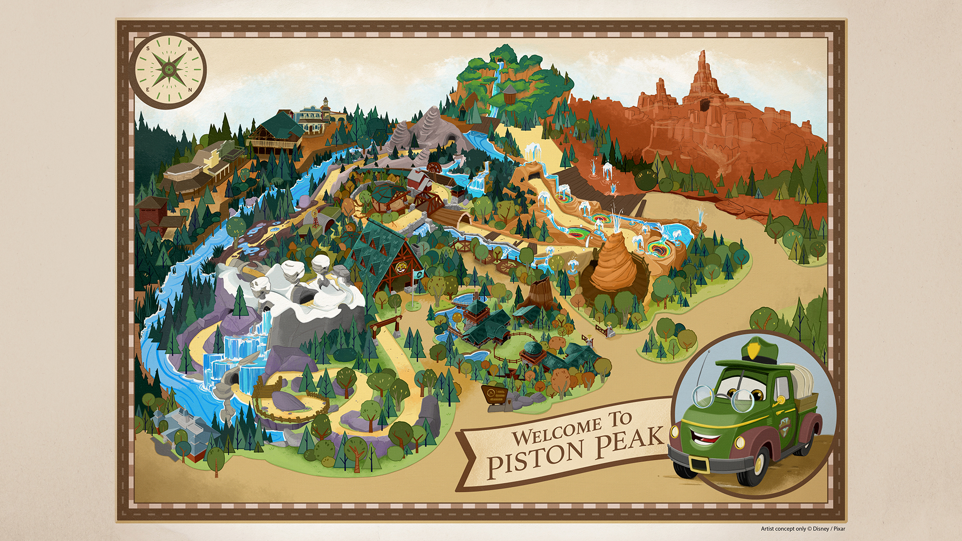 Official artist concept map of Piston Peak National Park, showing a mountain park with geysers, waterfalls, a ranger lodge, and a green ranger car character