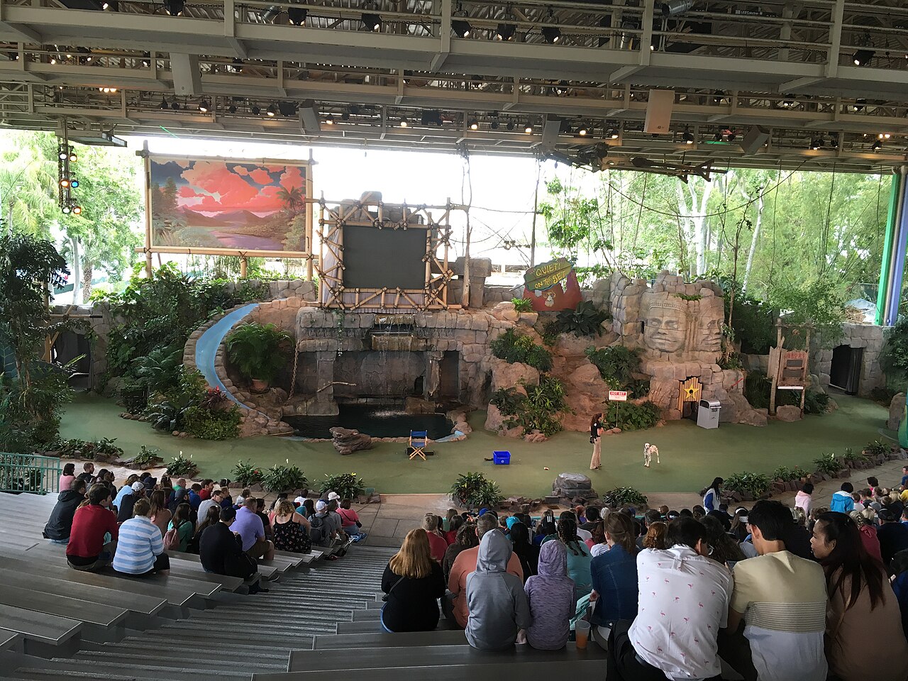 A wide view from the back of a covered amphitheater with guests seated on concrete steps, the rows nearest the stage full and the back rows empty, looking down at a jungle rock stage set with a waterfall, a pond, a water slide chute, a painted sunset backdrop and a trainer standing on the stage floor with a dog