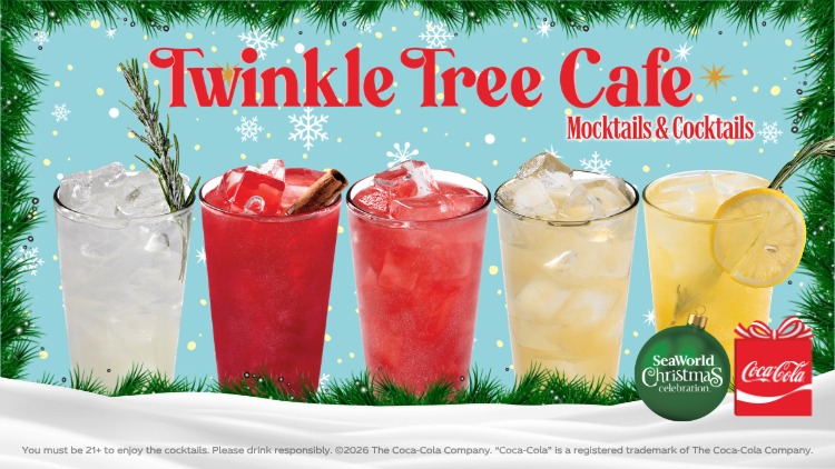 A Twinkle Tree Cafe Mocktails and Cocktails graphic showing five iced drinks in a row, clear, red, pink, pale yellow and lemon yellow, framed by evergreen branches with SeaWorld Christmas Celebration and Coca-Cola logos