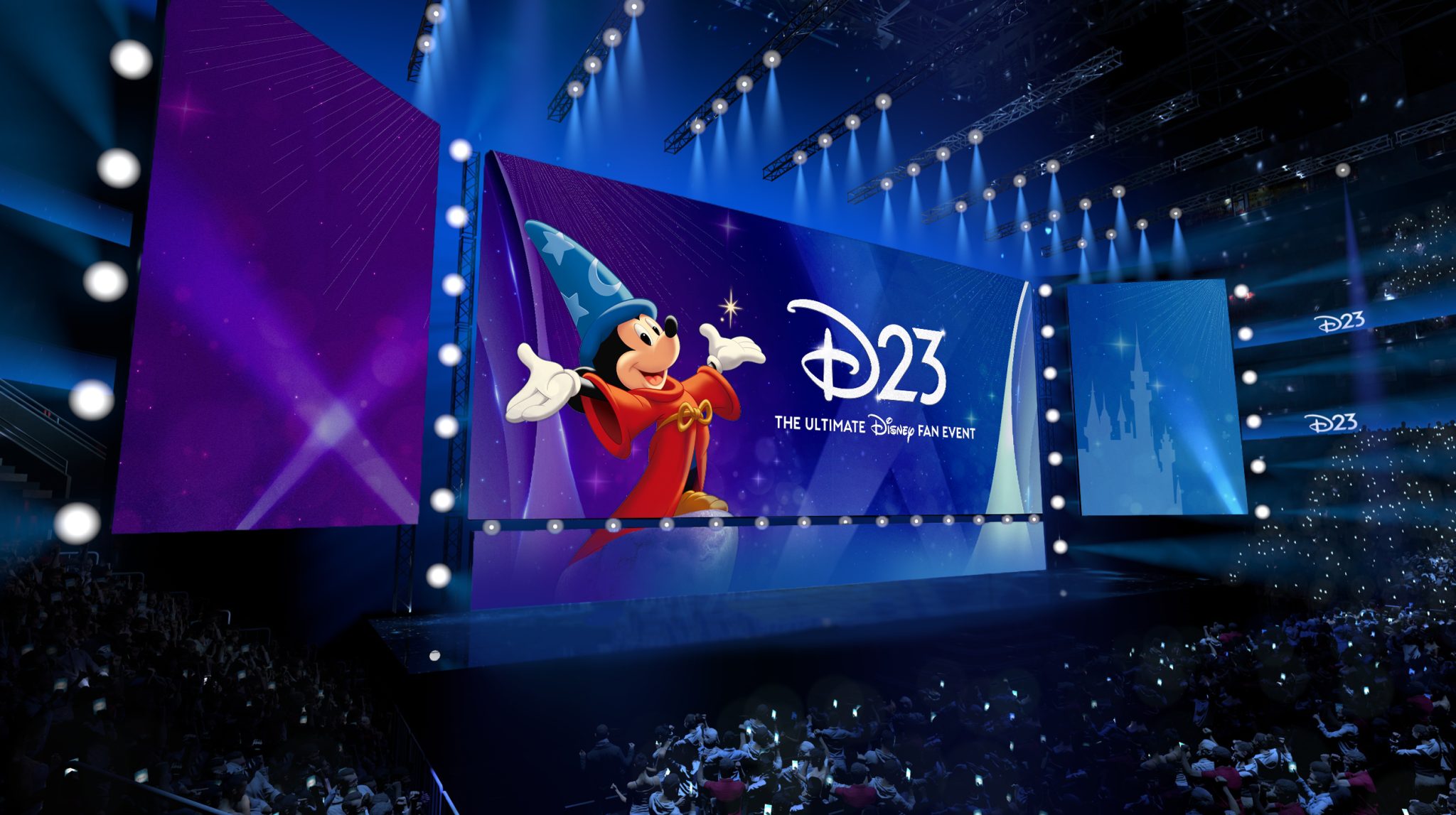 Disney concept rendering of a D23 stage, showing Sorcerer Mickey on a large blue and purple screen reading D23 The Ultimate Disney Fan Event, flanked by a purple screen on the left and a screen with a castle silhouette and D23 logos on the right, with truss lighting above a packed arena crowd holding up phones.