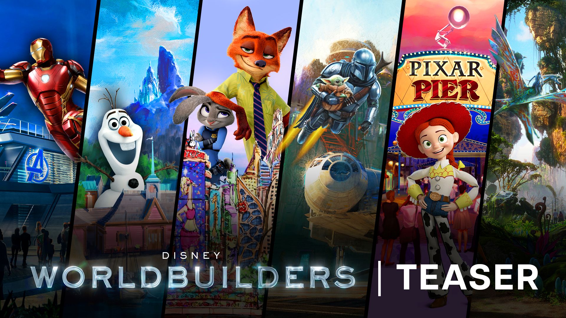 Key art for the Disney Worldbuilders teaser, built from angled vertical panels showing Iron Man outside an Avengers headquarters building, Olaf in front of an icy blue Arendelle palace, Nick Wilde and Judy Hopps above a colorful Zootopia cityscape, the Mandalorian flying with Grogu past a starship, Jessie standing under a lit Pixar Pier marquee, and a banshee flying over the floating mountains of Pandora, with the words Disney Worldbuilders Teaser across the bottom.
