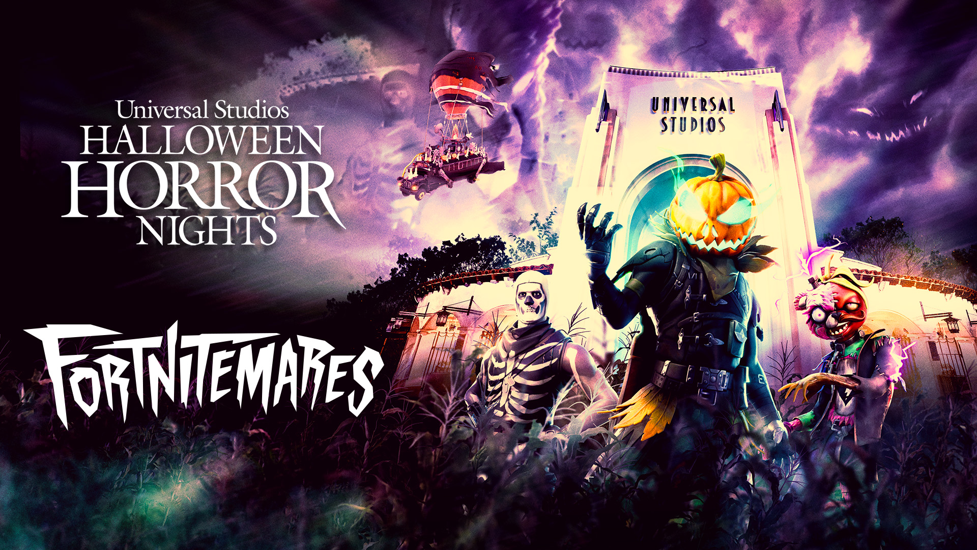 FORTNITEMARES key art showing a pumpkin-headed Fortnite character in tactical gear raising a clawed hand, flanked by a Skull Trooper in black and white skeleton paint and a zombie character, standing in a dark cornfield in front of the Universal Studios arch, with the Battle Bus hanging from a hot air balloon in a stormy purple sky. The Universal Studios Halloween Horror Nights logo appears at upper left and the FORTNITEMARES logo at lower left.
