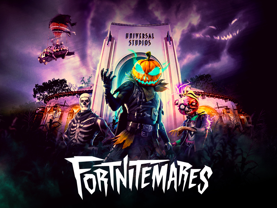The same FORTNITEMARES artwork in a tighter, squarer frame, with the pumpkin-headed character centered in front of the Universal Studios arch, the Skull Trooper and the zombie flanking him, the Battle Bus and its balloon at upper left, and the FORTNITEMARES logo across the bottom, without the Halloween Horror Nights logo.