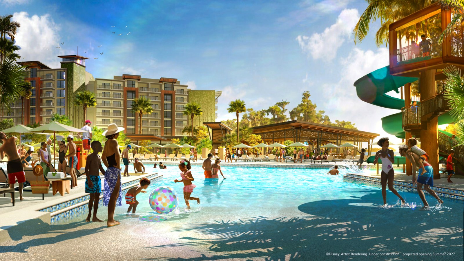 Concept art of the Lakeshore Lodge zero-entry feature pool, with a green spiral waterslide descending from a wooden tower at right and resort room buildings behind.
