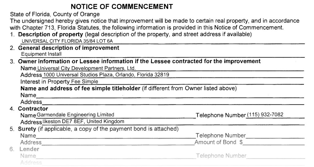 Scan of a Florida Notice of Commencement form for Orange County, showing the property described as Universal City Florida 35/84 Lot 6A, the improvement as Equipment Install, the owner as Universal City Development Partners Ltd, and the contractor as Garmendale Engineering Limited of Ilkeston, United Kingdom.