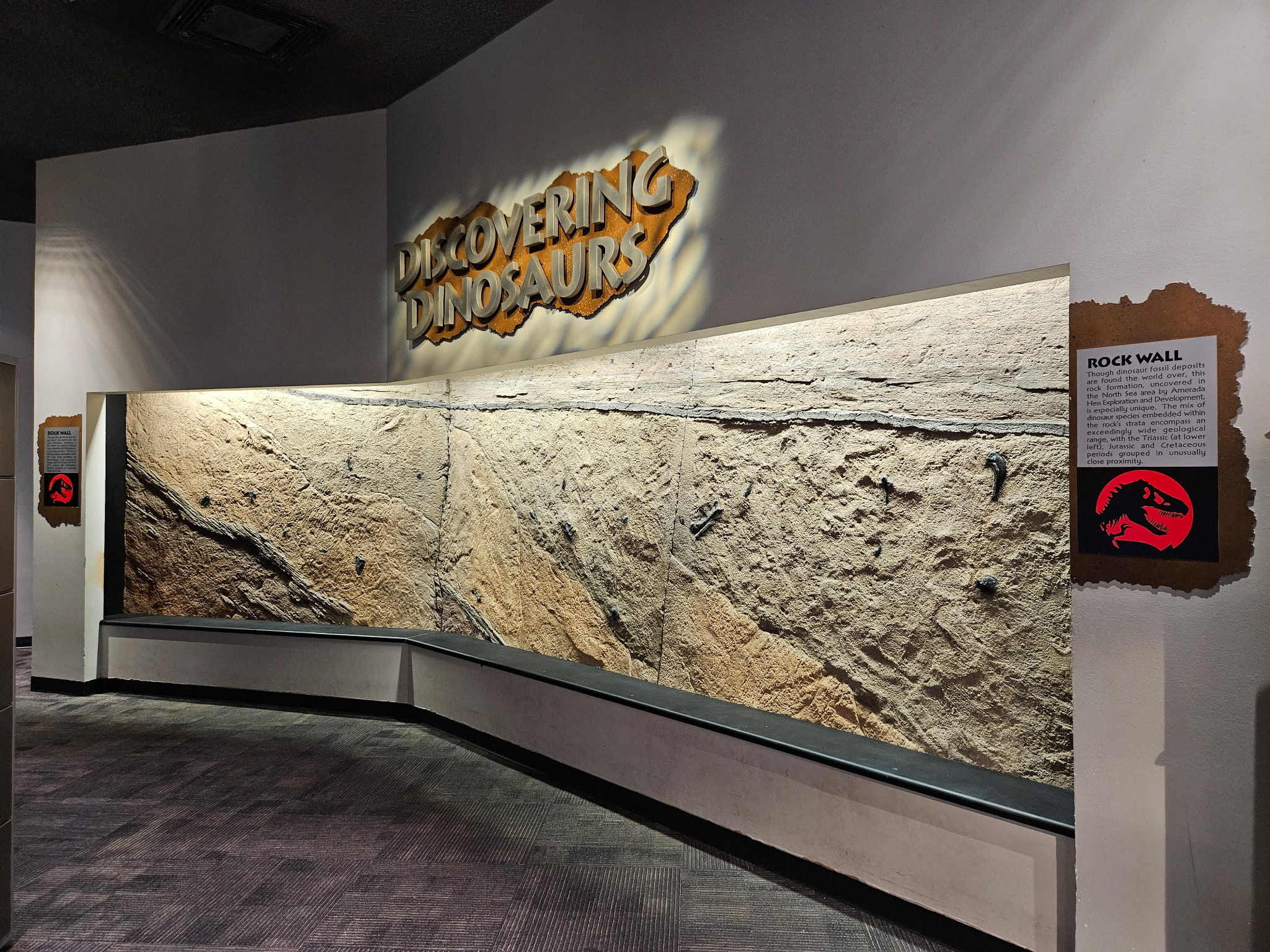 A long rock wall inside the Jurassic Park Discovery Center with dinosaur fossils and a claw embedded in its strata, lit from above beneath an illuminated Discovering Dinosaurs sign, with a Rock Wall information placard at right