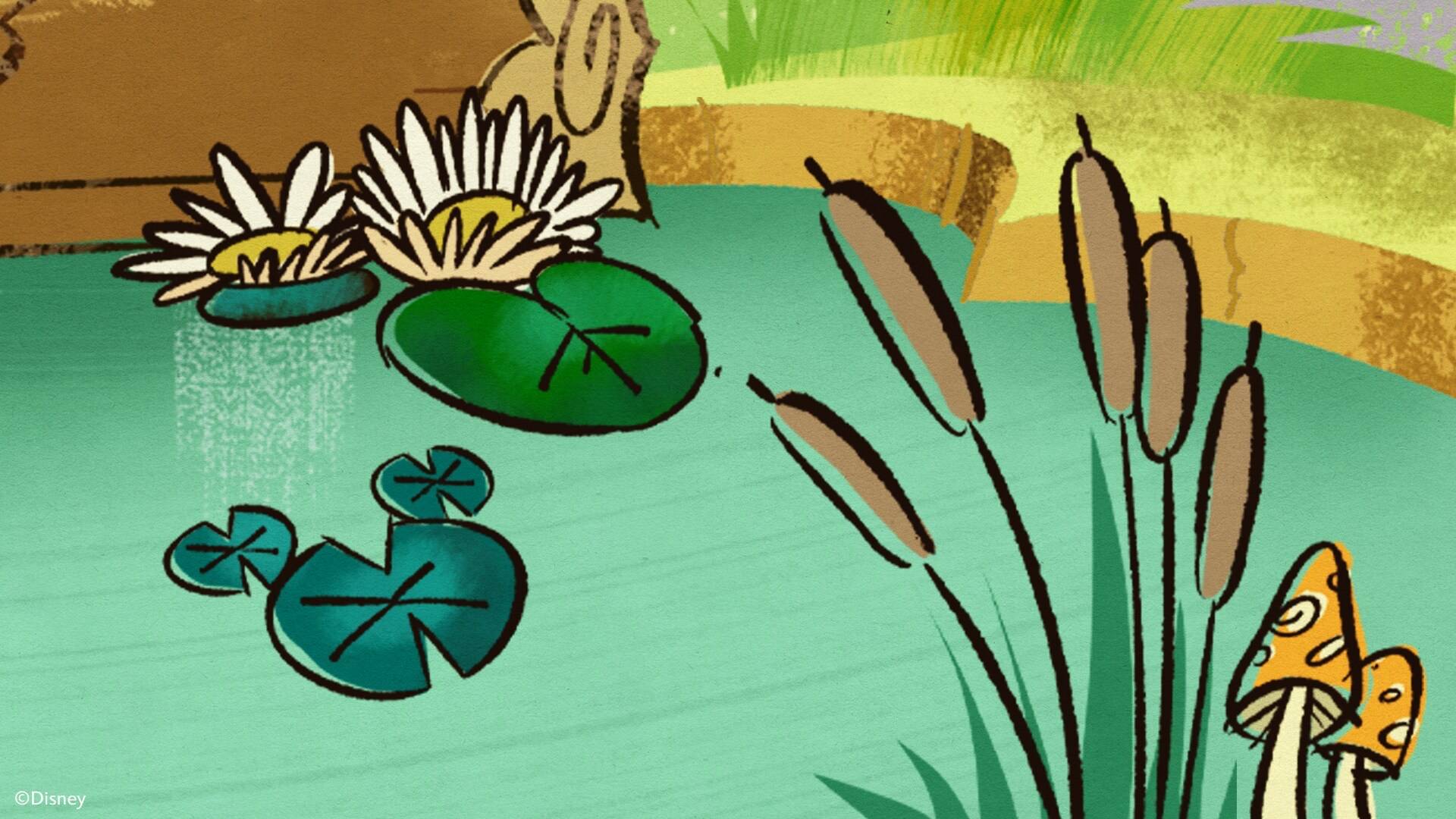 Illustrated teal pond scene with white water lilies, brown cattails, orange toadstool mushrooms and a cluster of lily pads arranged into a hidden Mickey