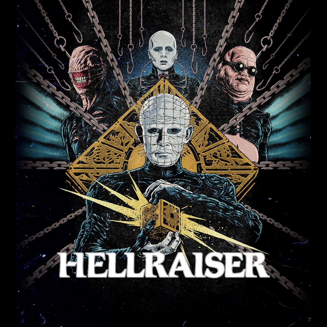 Illustrated key art for the Hellraiser house showing Pinhead holding the glowing puzzle box at center, with three other Cenobites above him and hanging chains and hooks around them