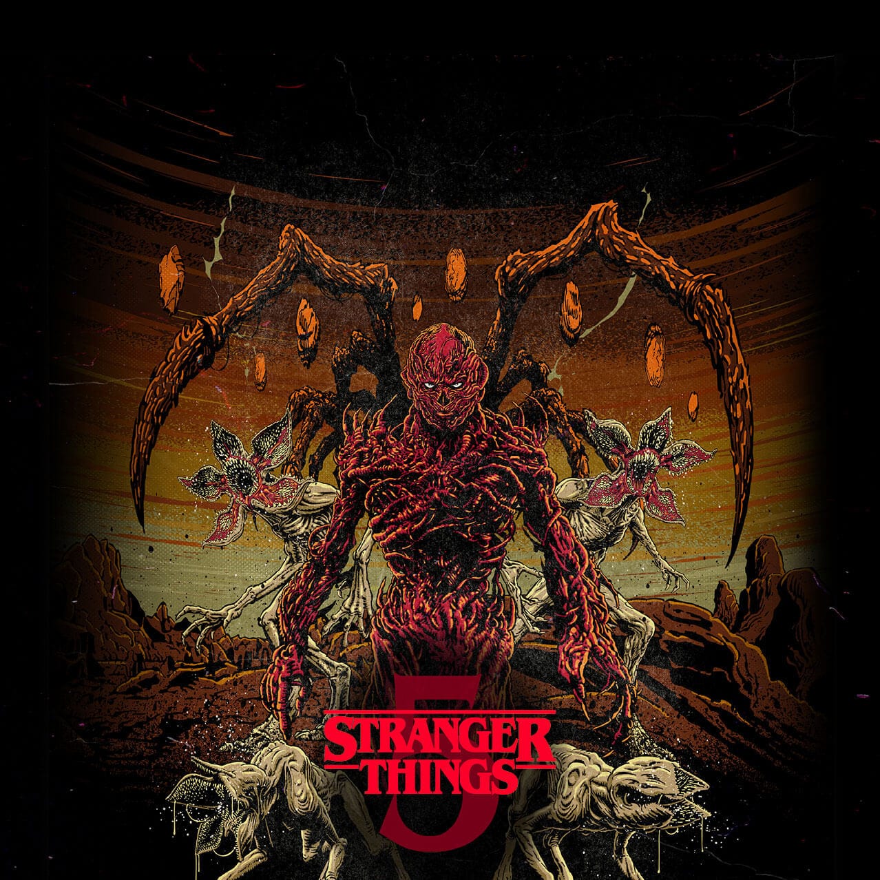 Illustrated key art for the Stranger Things 5 house showing Vecna at center with towering spider like limbs arcing behind him over a rocky landscape and orange sky, flanked by two Demogorgons with two more four legged creatures below, and the Stranger Things 5 logo in red at the bottom