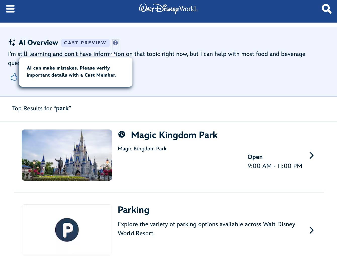 Mobile view of the DisneyWorld.com search page showing an AI Overview panel badged CAST PREVIEW, with an open tooltip reading AI can make mistakes, please verify important details with a Cast Member