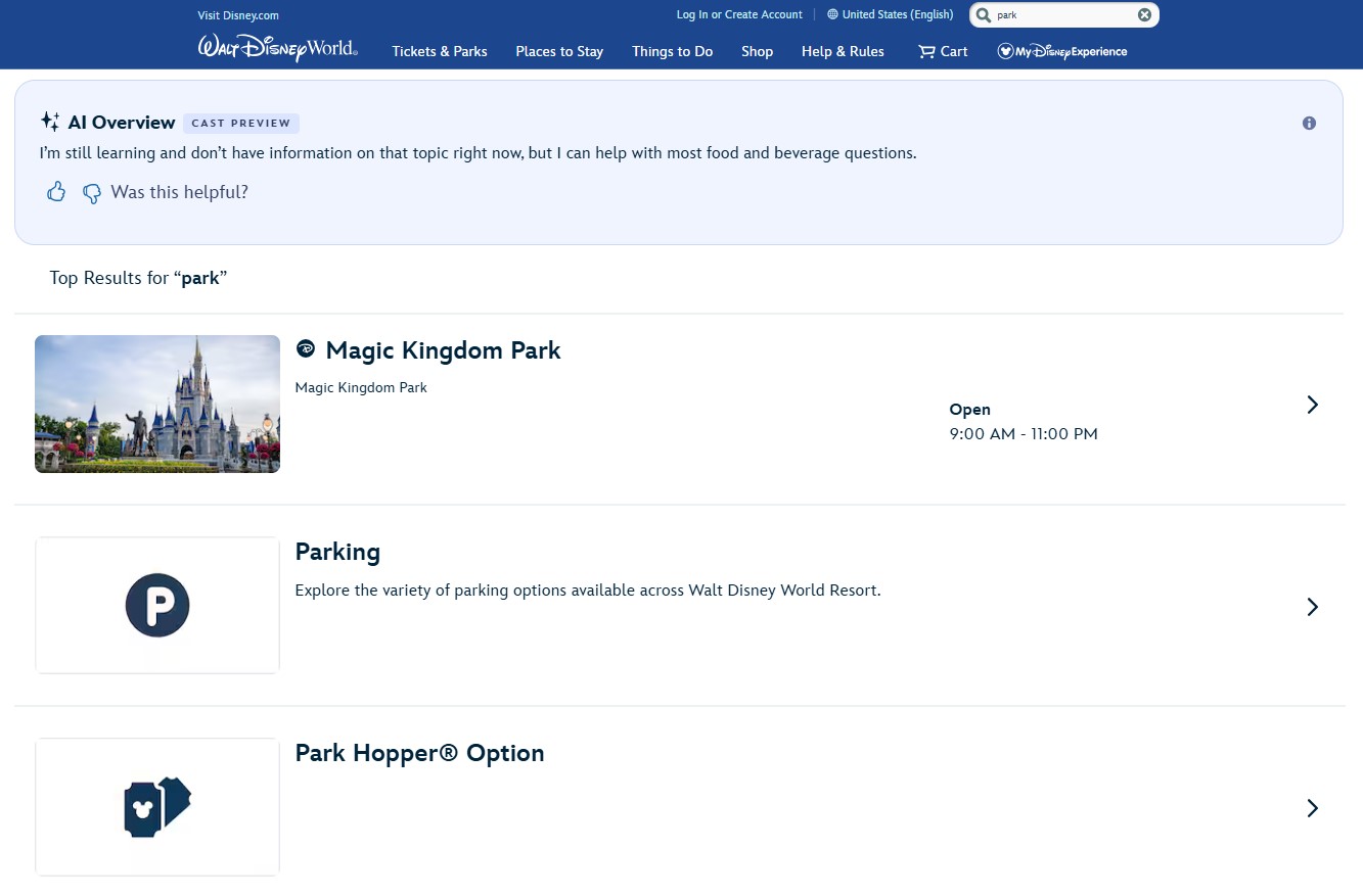 Desktop view of DisneyWorld.com search results for the word park, with the AI Overview panel at the top showing a holding message and a Was this helpful prompt