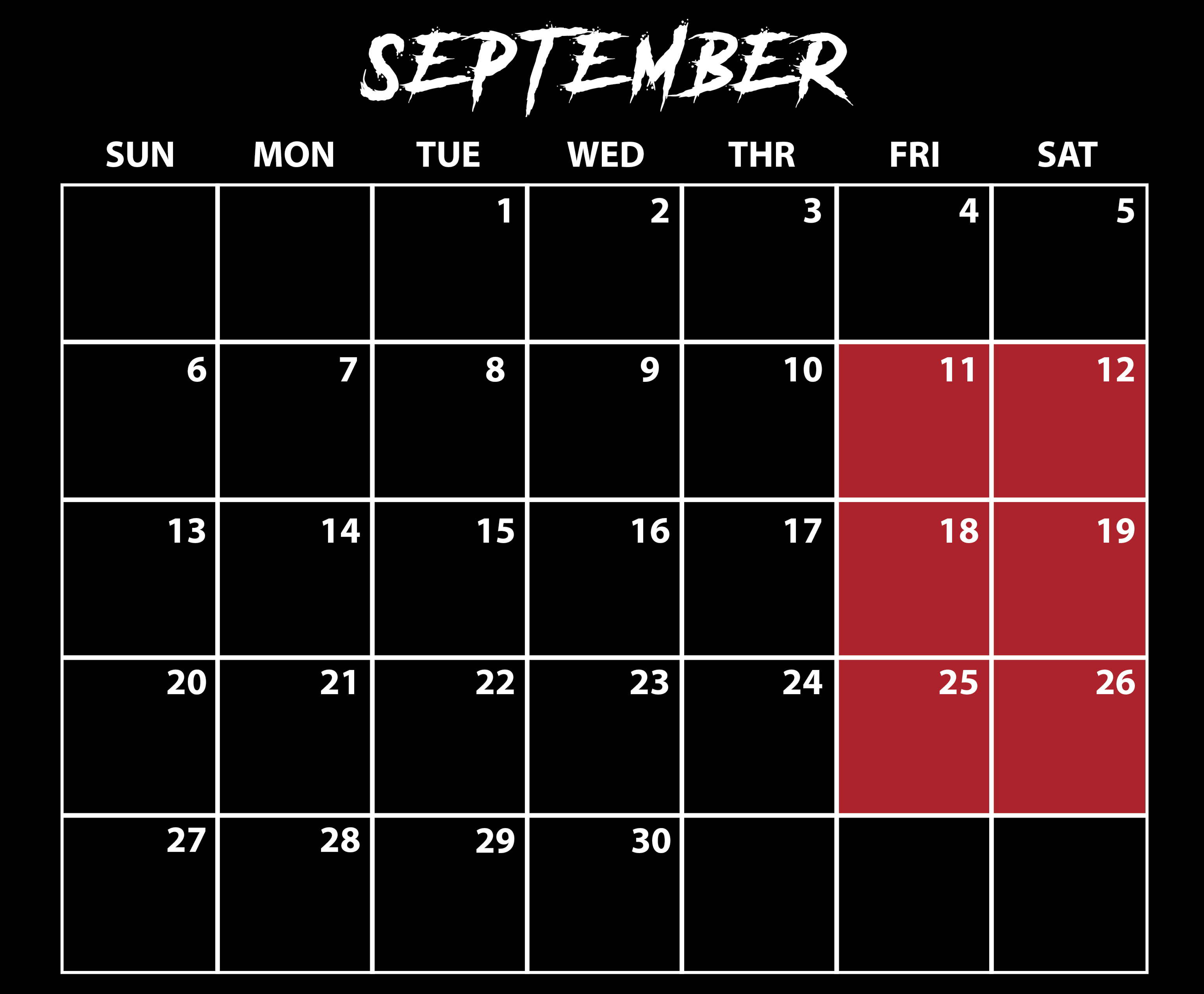SeaWorld Orlando Howl-O-Scream September 2026 calendar on a black background with event nights highlighted in red on the 11th, 12th, 18th, 19th, 25th and 26th