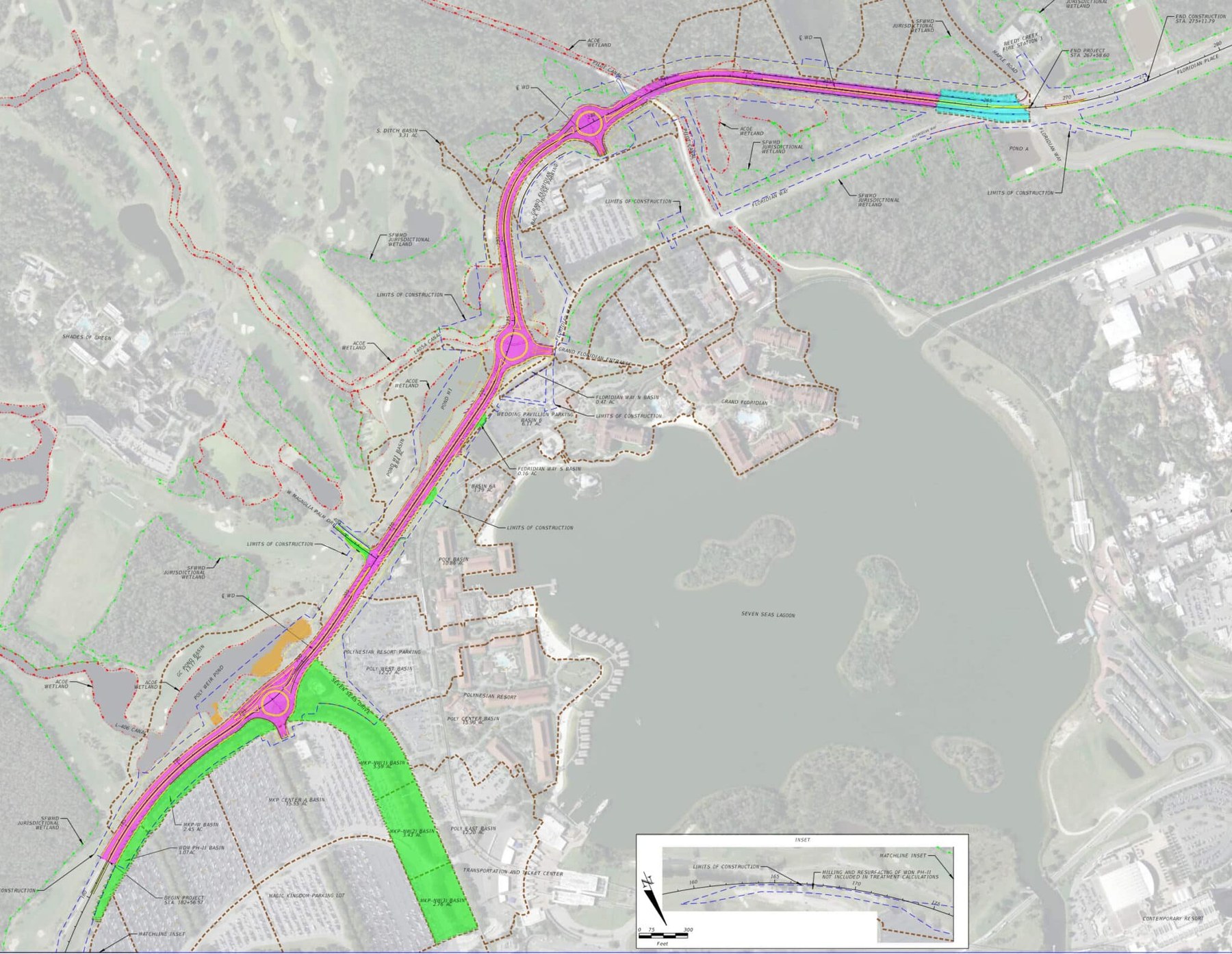 CFTOD permit plan for the World Drive North Phase III project, showing the new roadway in pink running from the Magic Kingdom parking lot past the Polynesian and the Grand Floridian entrance to the project's northern connection point, with the three roundabouts marked in yellow