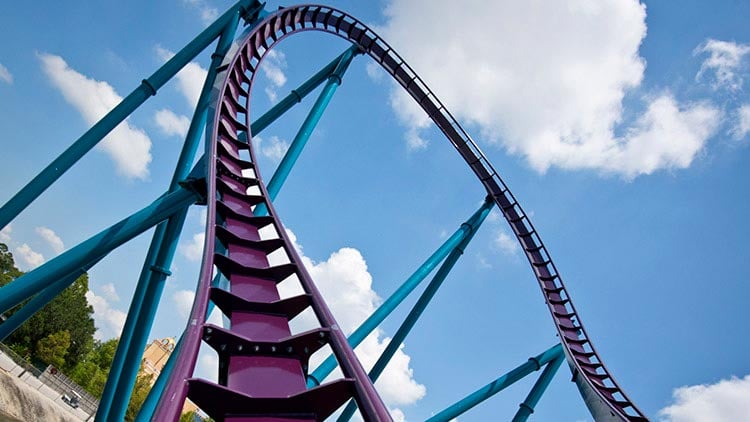 A low upward view of Mako's purple track curving against a blue sky with white clouds, held up by teal support columns, with no train on the track