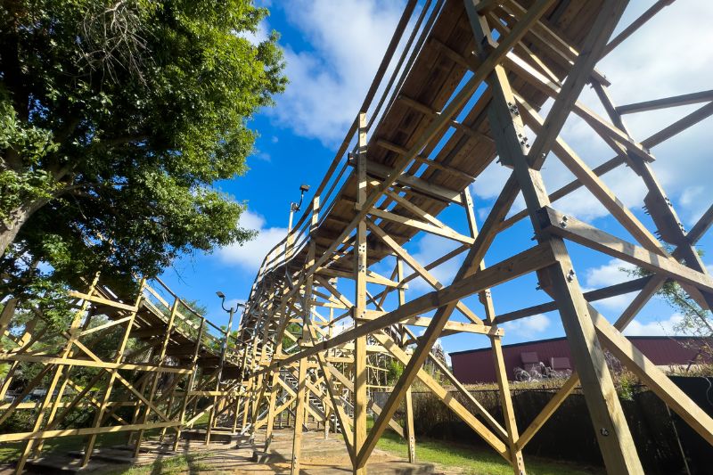The wooden support structure of Coastersaurus photographed from ground level against a blue sky, with pale timber visible throughout the bents and cross bracing.