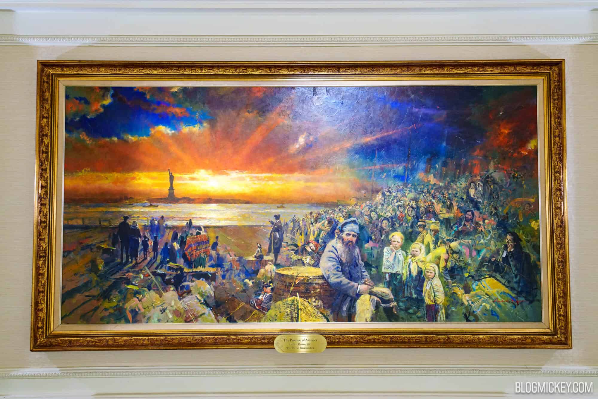 The Promise of America by Herbert Ryman, showing immigrants gathered at the water's edge at sunset with the Statue of Liberty on the horizon