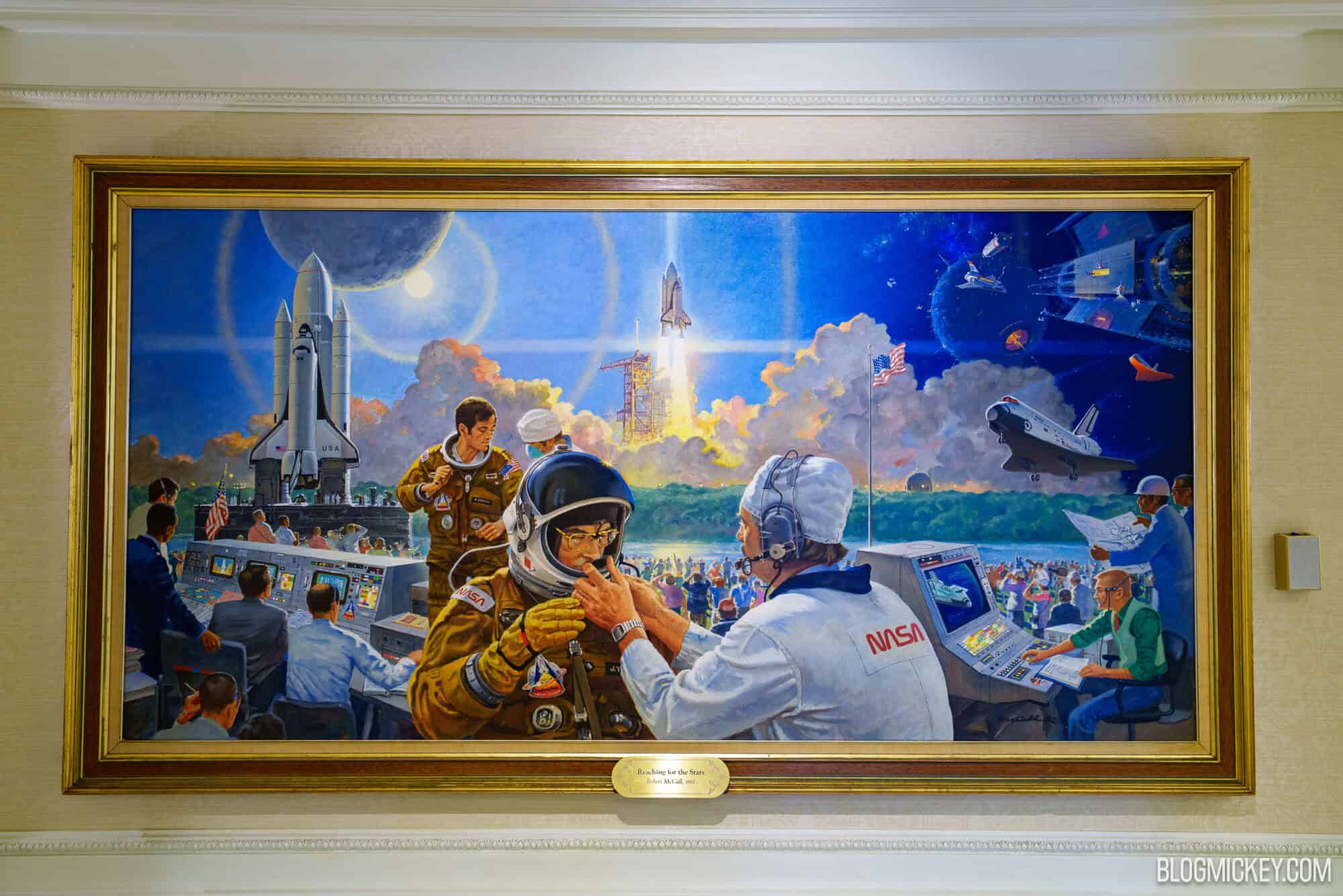 Reaching for the Stars by Robert McCall, showing an astronaut suiting up in the foreground while a Space Shuttle lifts off behind