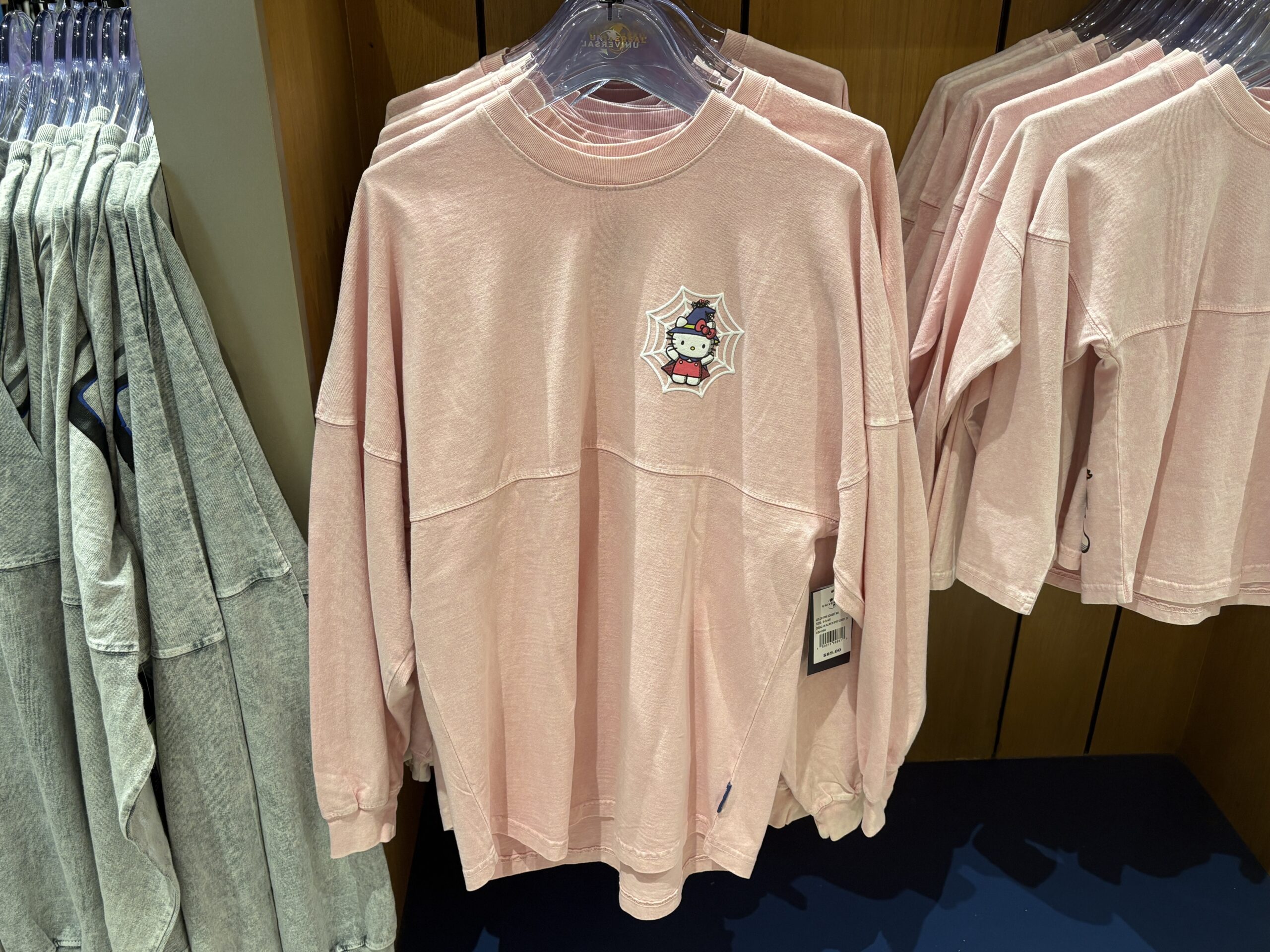 A pale pink long sleeve Spirit Jersey on a hanger, with artwork of Hello Kitty in a witch hat and cape, a small spider on the hat, at the center of a white spider web.
