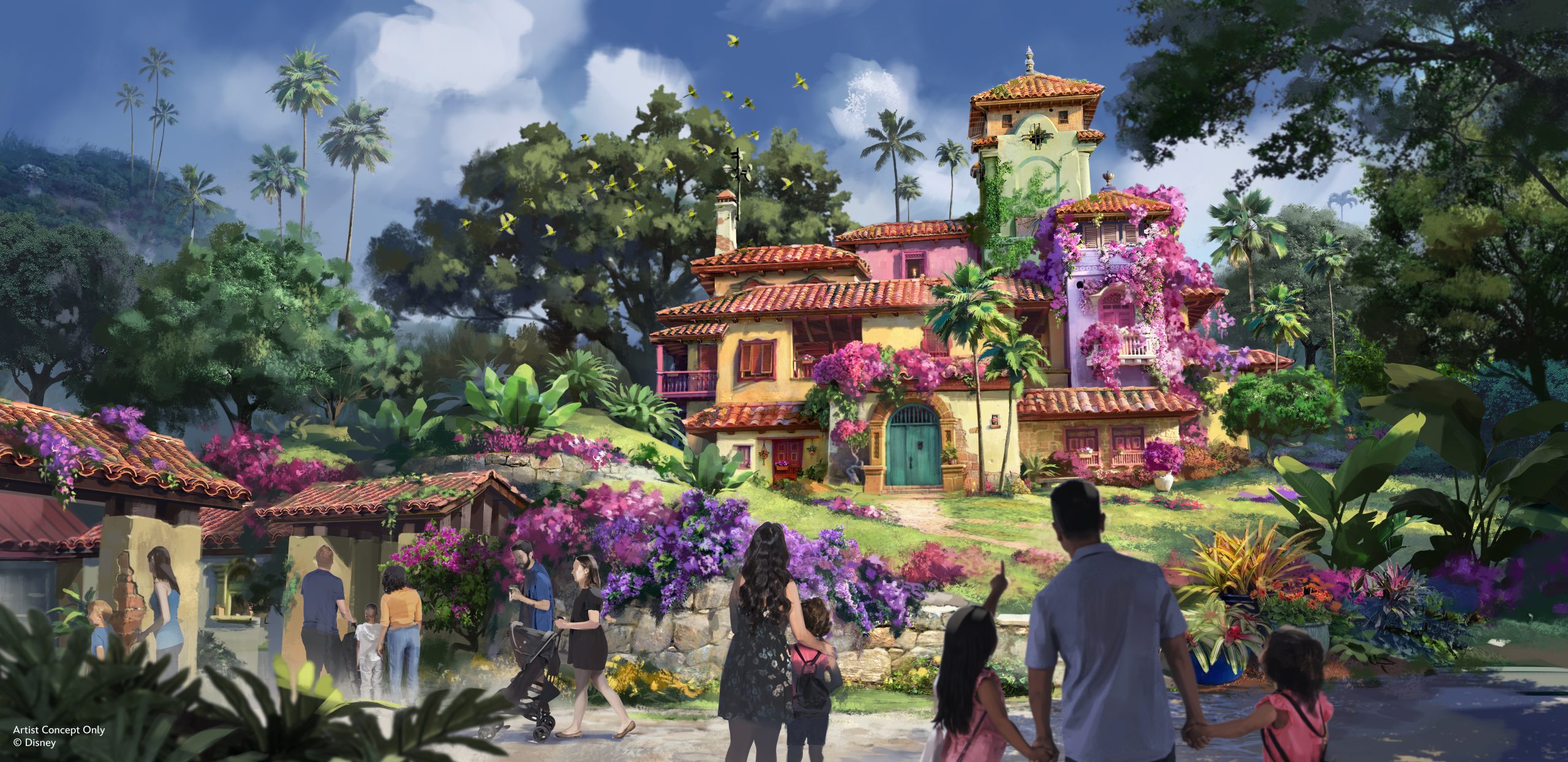 Disney concept art of Casa Madrigal, a yellow and pink house with terracotta roofs, a green tower with a tiled roof and magenta bougainvillea, sitting on a raised green hill behind a stone retaining wall as guest families walk past