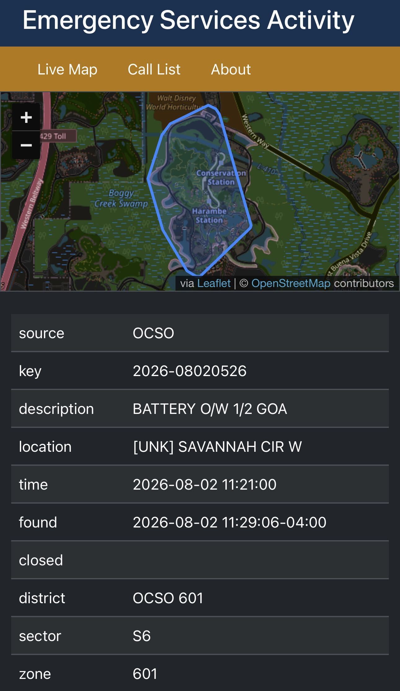 Screenshot of an Emergency Services Activity call record listing source OCSO, description BATTERY O/W 1/2 GOA, location [UNK] SAVANNAH CIR W, and time 2026-08-02 11:21:00, below a map highlighting Disney's Animal Kingdom