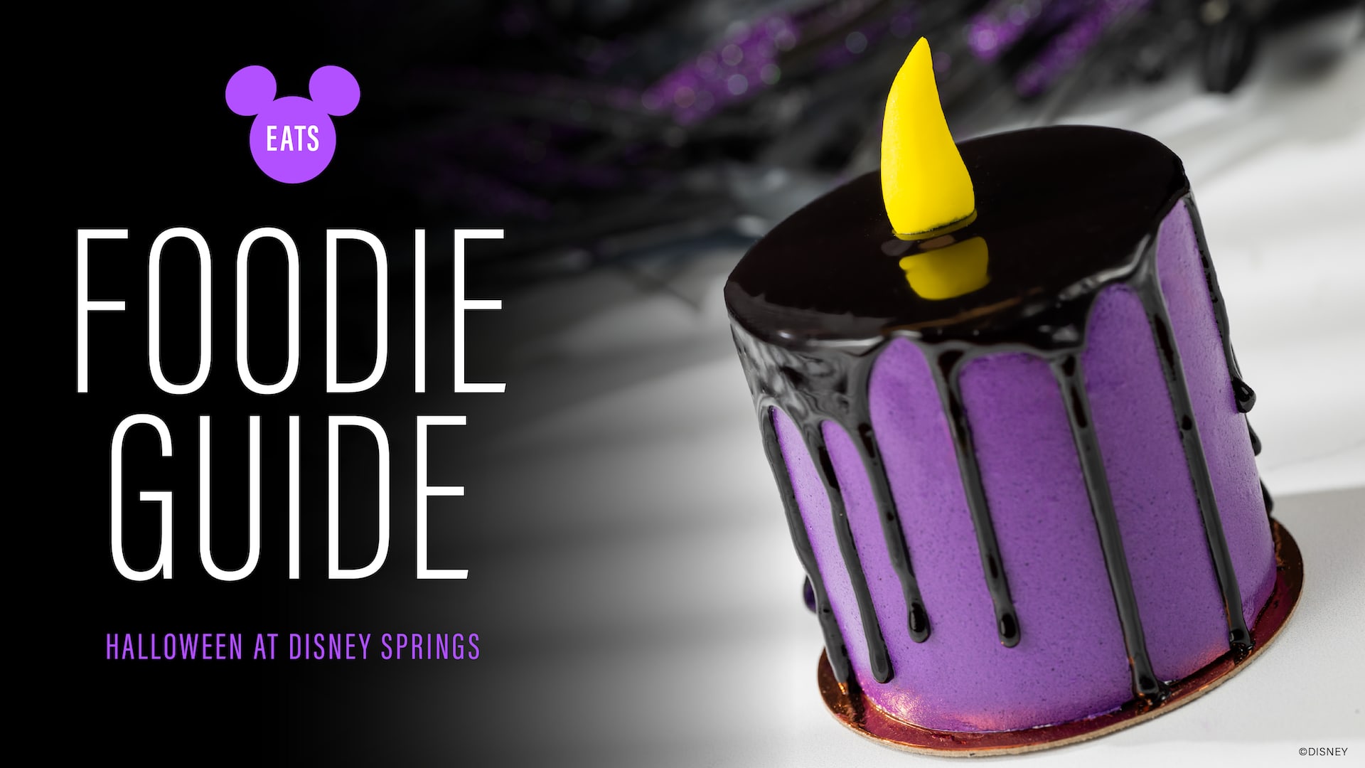 Disney Springs Halloween foodie guide header art showing themed treats and drinks arranged against a Halloween background