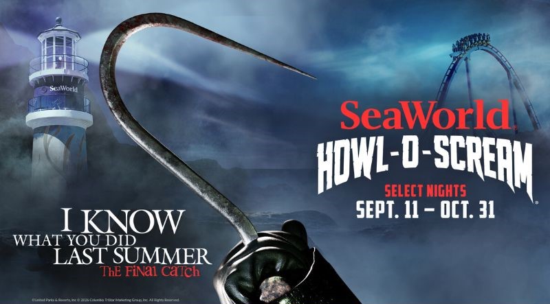 Howl-O-Scream key art showing a large rusted fishhook held by a gloved hand, a SeaWorld lighthouse in fog at left and coaster track at right
