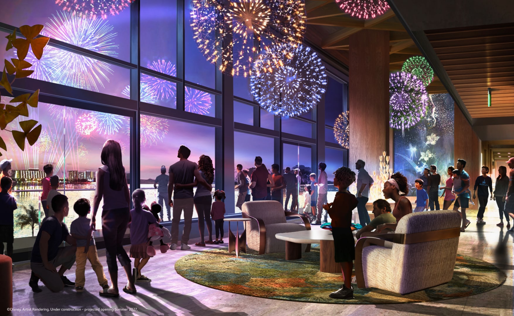 Concept art of Dandelion Terrace, a two story lounge at Disney's Lakeshore Lodge with dandelion shaped light fixtures and windows facing Bay Lake