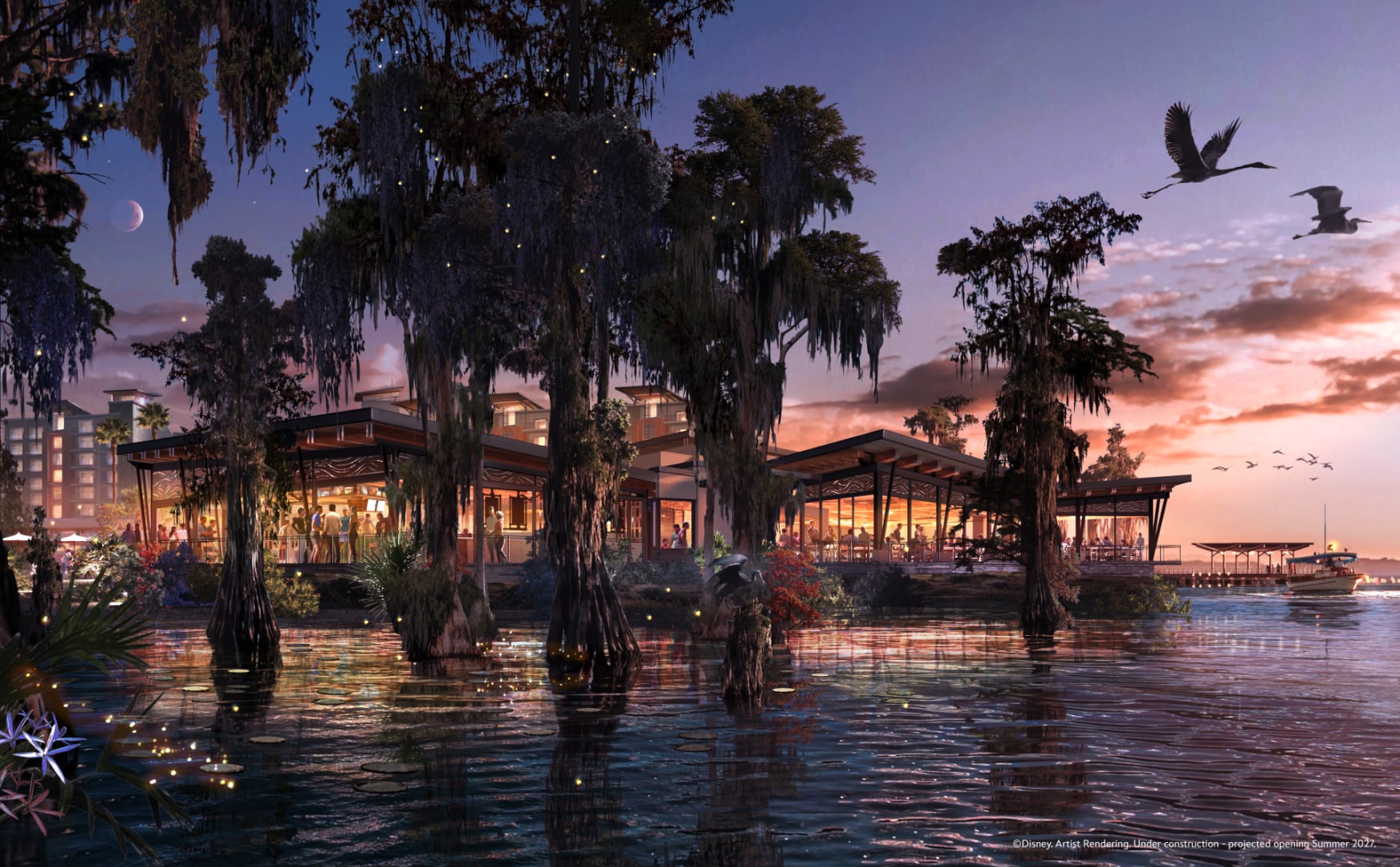 Concept art of Moonglade, a lakefront table service restaurant at Disney's Lakeshore Lodge, with arching cypress trees framing a view across Bay Lake at dusk