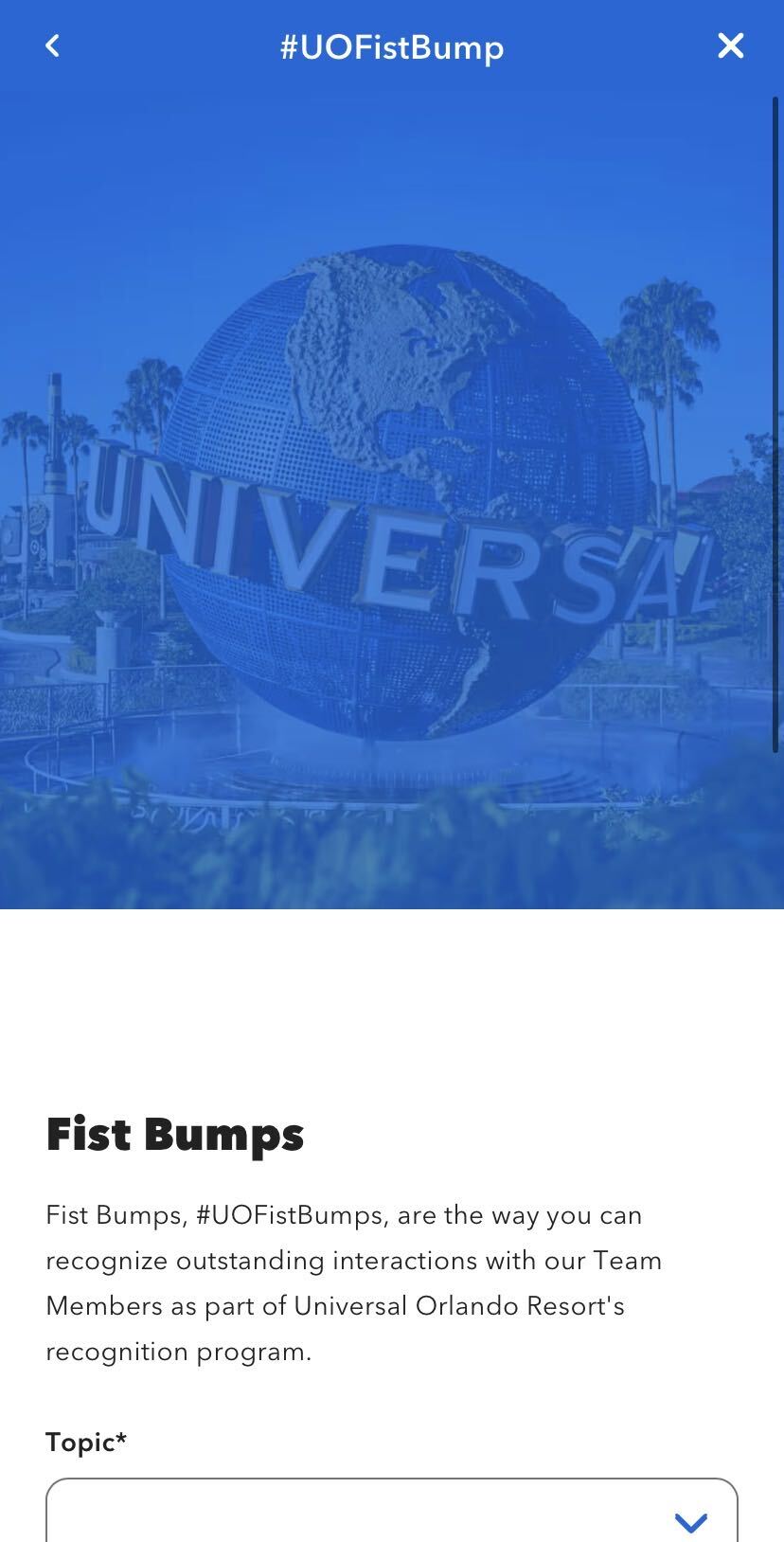 The hashtag U O Fist Bump screen in the Universal Orlando app, with a blue-tinted photo of the Universal globe above a Fist Bumps heading and explanatory paragraph.