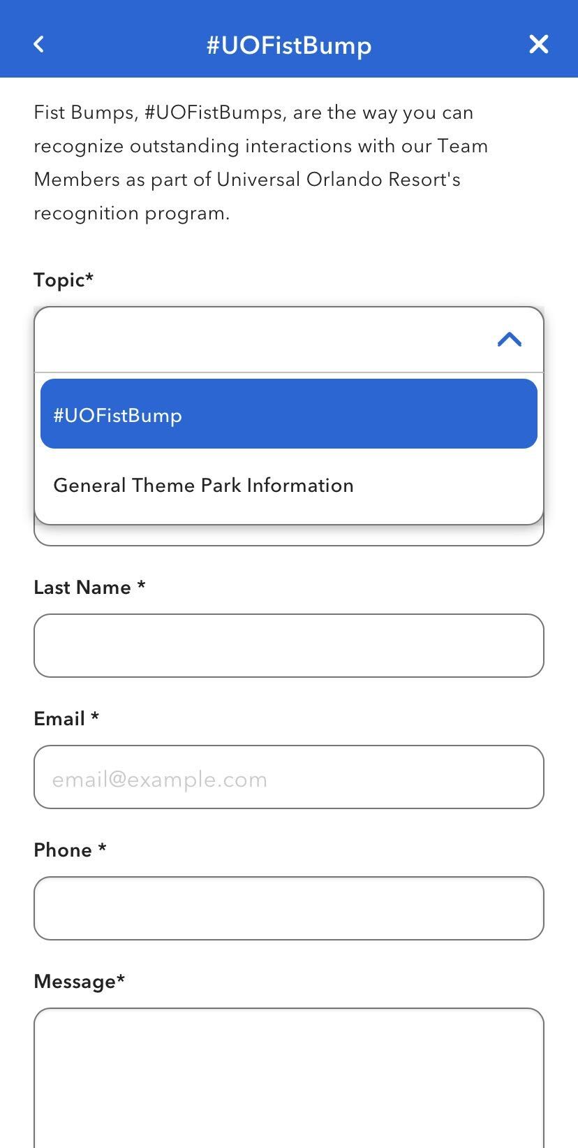 The Topic dropdown open in the Universal Orlando app fist bump form, showing hashtag U O Fist Bump highlighted above General Theme Park Information, with Last Name, Email, Phone and Message fields below.