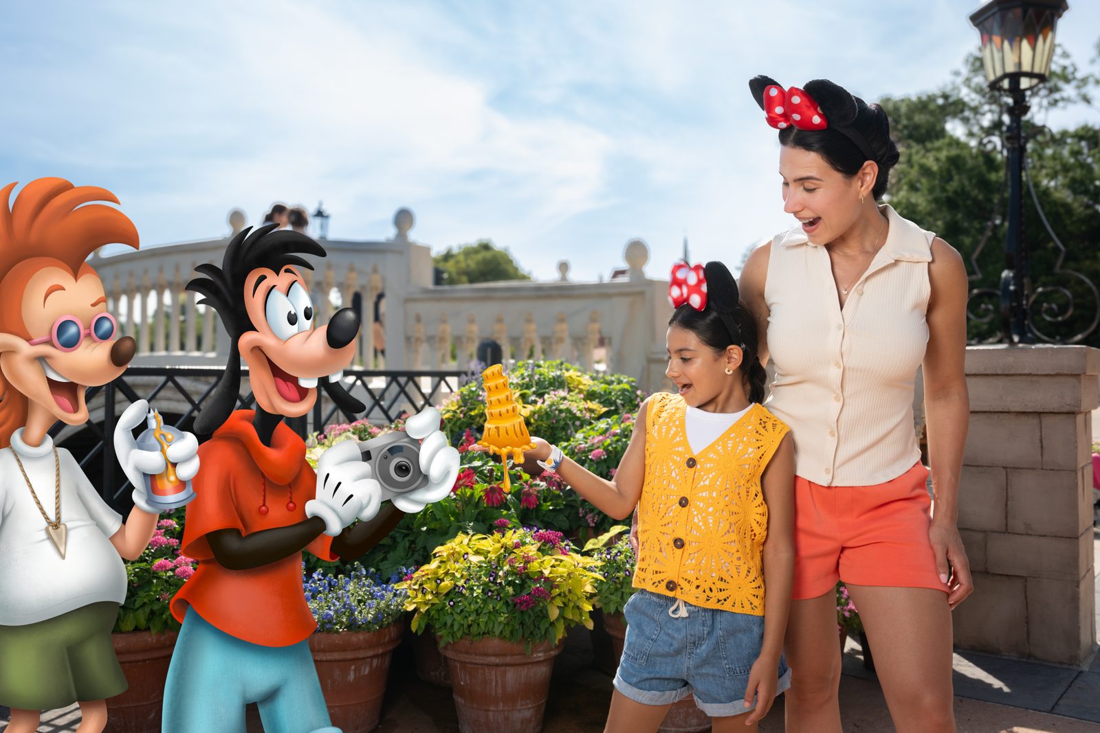 Goofy holds a camera and a girl holds up a small golden Leaning Tower of Pisa made of melting cheese, with another Disney character and a woman alongside them at EPCOT